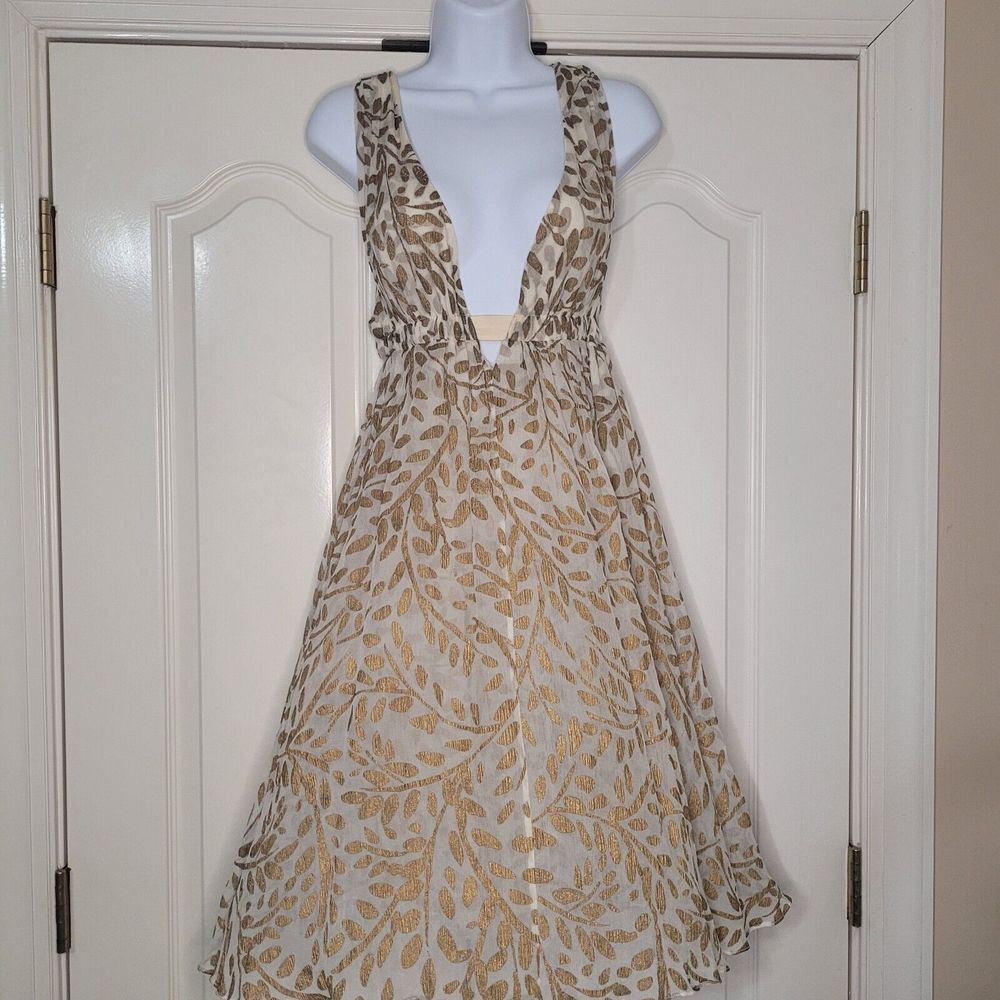 Diane Von Furstenberg Runway‎ Silk Cream Gold Sleeveless Halter Dress Size 6 DVF